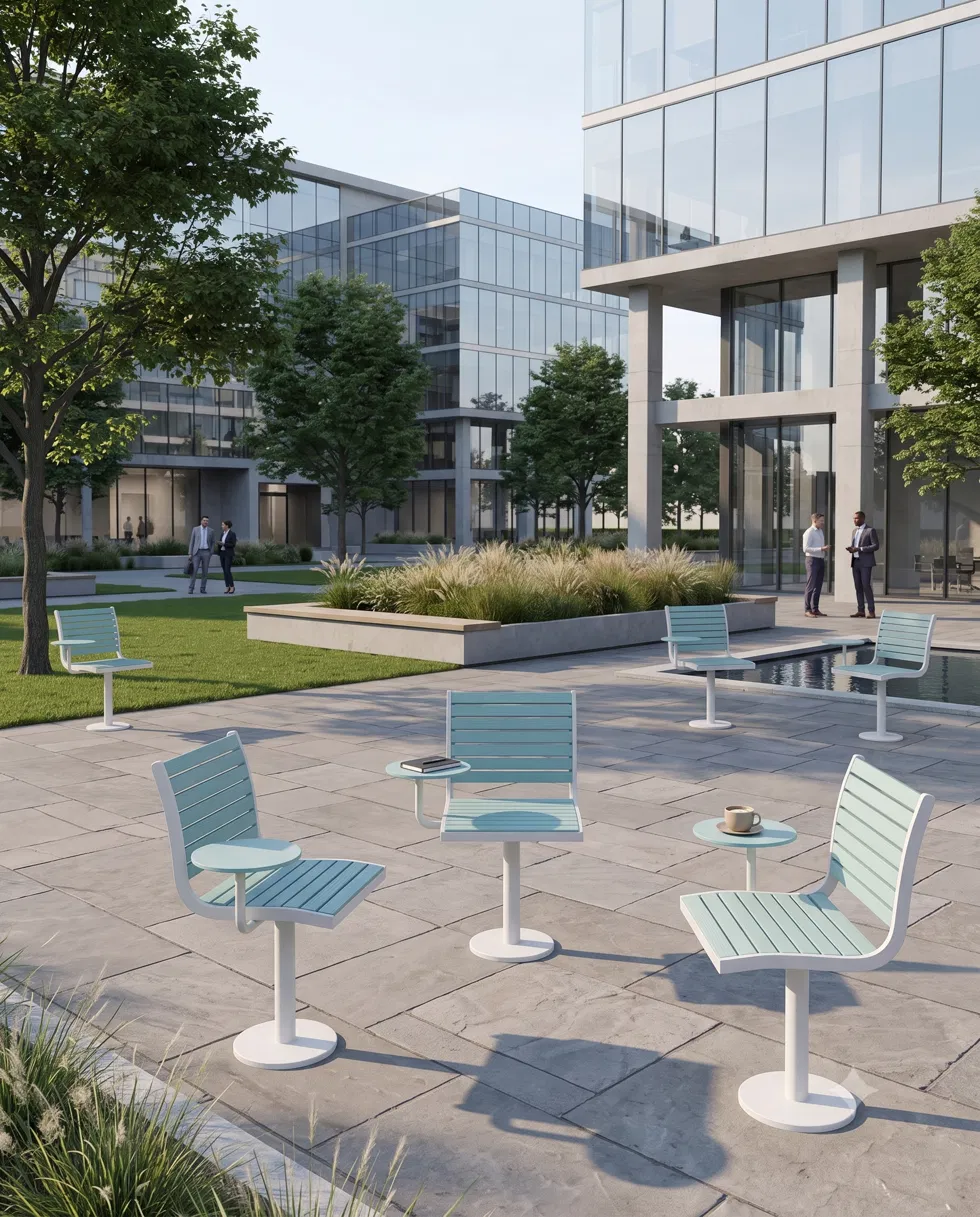 Modern white metal chairs in a public plaza