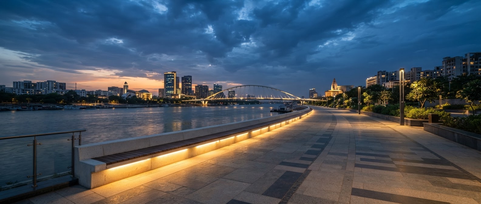 Riverfront promenade with a long continuous bench at blue hour