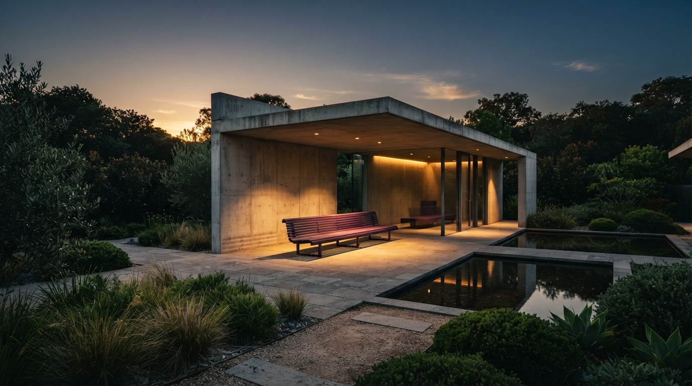 Deep purple Baithaki bench in a minimalist concrete pavilion at dusk