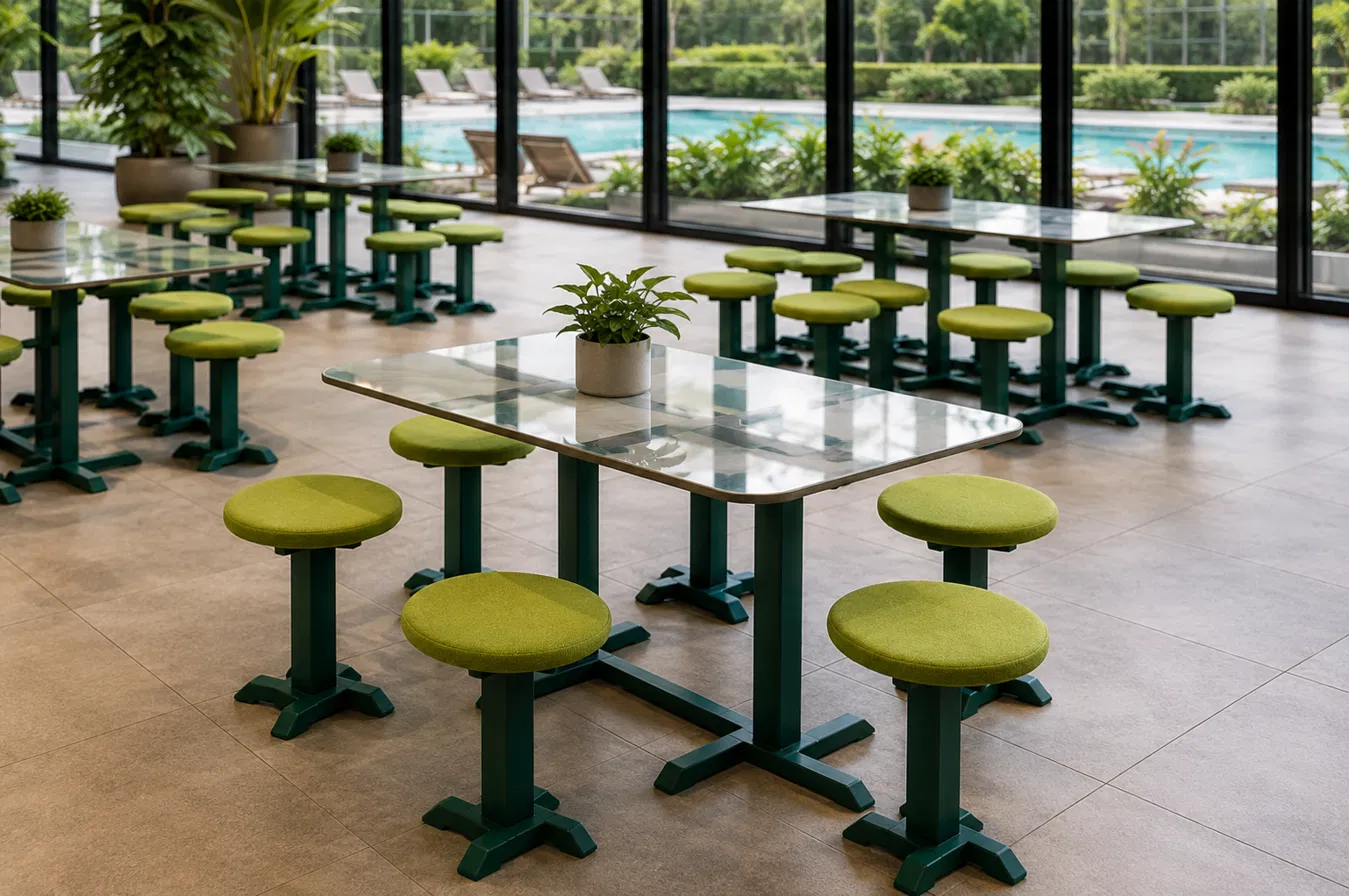 Outdoor dining set with green stools and glass tables