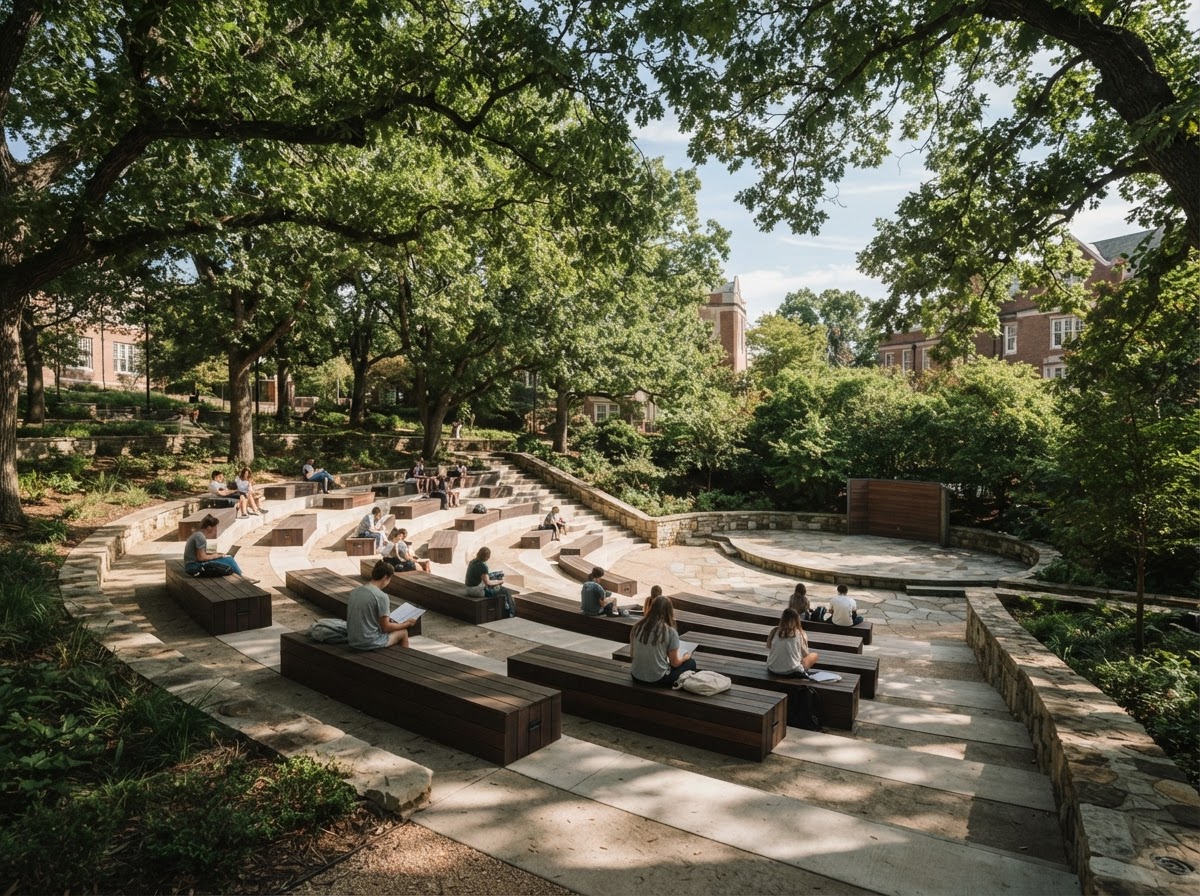 Campus amphitheatre steps with modular seating under trees