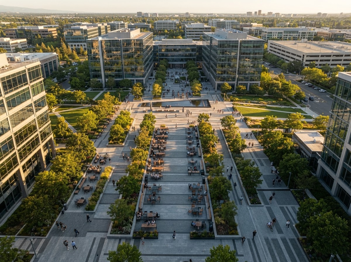 Aerial view of a corporate campus plaza with outdoor seating
