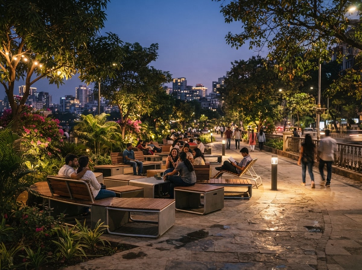 Modular outdoor seating along a park promenade at dusk