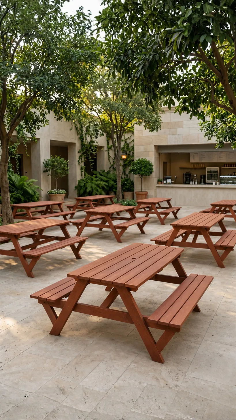 Outdoor picnic tables in a garden courtyard