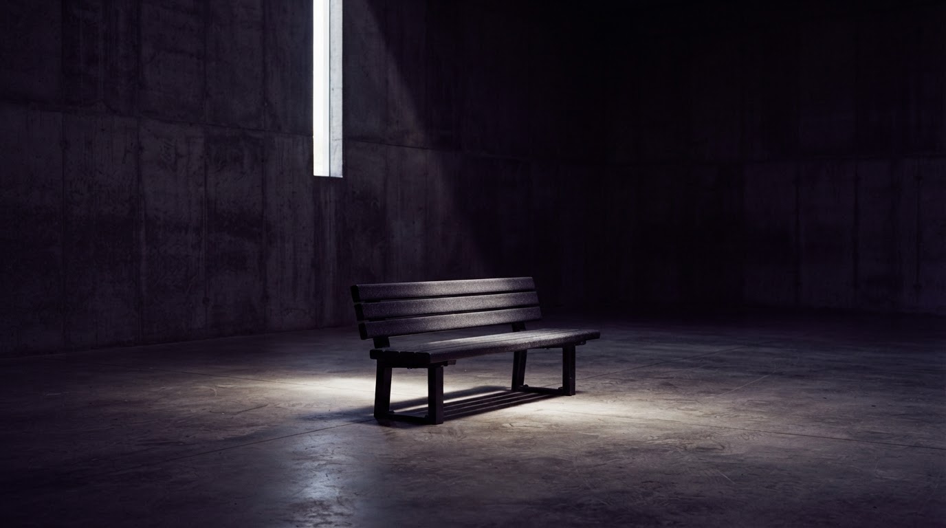 Dark recycled plastic bench lit by a single shaft of light in a concrete gallery