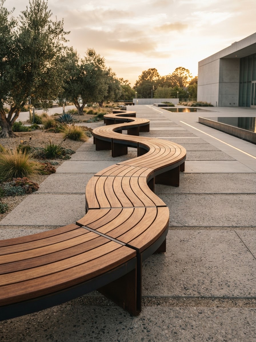 Custom curved modular outdoor seating in a landscaped plaza