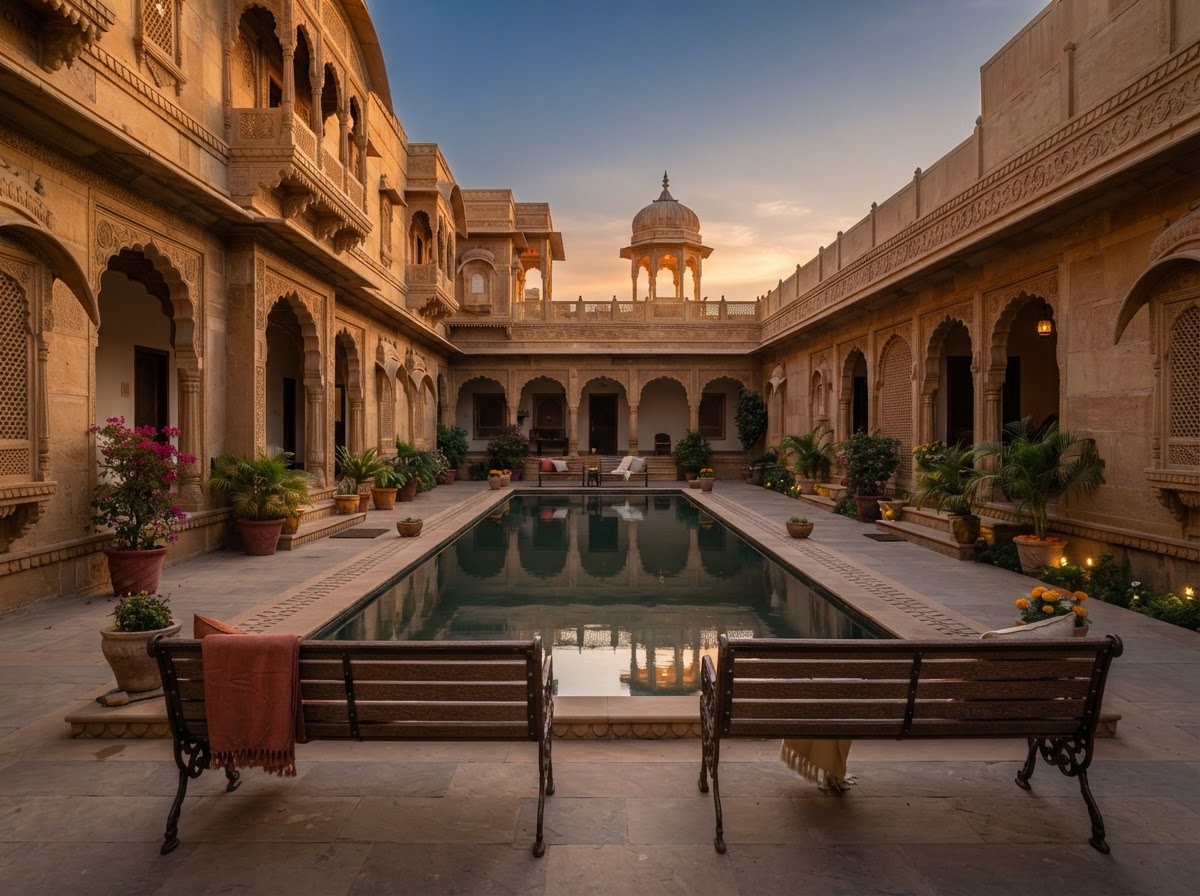 Resort courtyard in Rajasthan with benches beside a reflecting pool