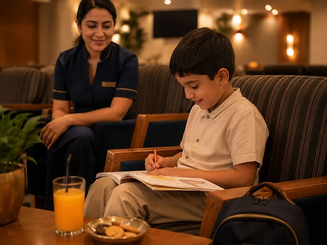 A young guest colouring in the lounge, watched over by a Siji staff member
