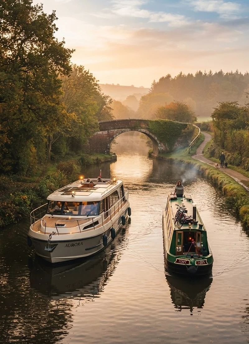 Luxury cruisers on a tranquil British canal at golden hour