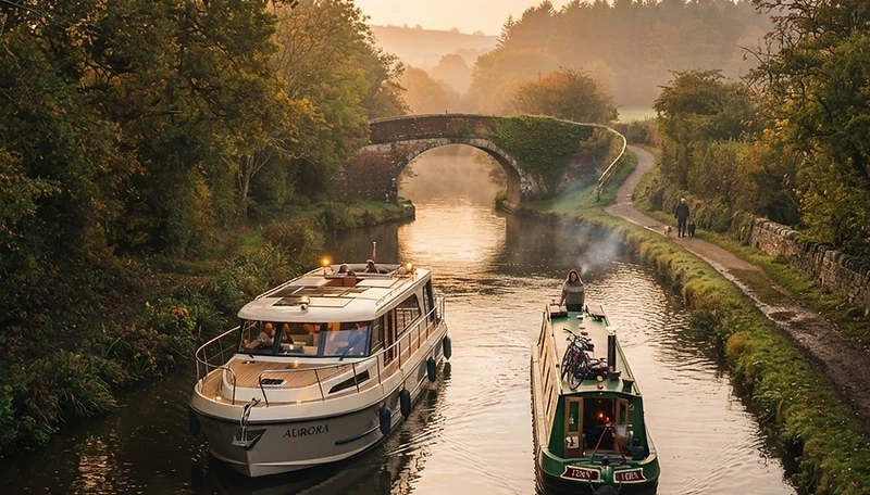 Luxury cruisers on a tranquil British canal at golden hour