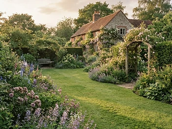 A larger established garden in West Kent with a generous neatly mown lawn and deep mature borders