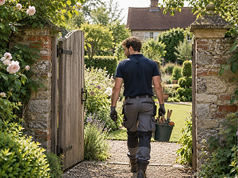 A gardener walking through a stone-arched garden gate carrying his tools
