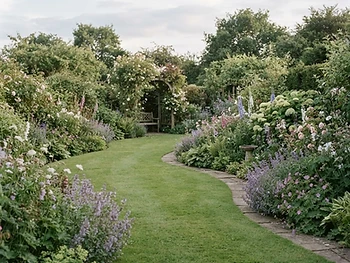 A medium-sized established garden in West Kent with a neatly mown lawn and mature mixed borders