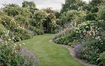 A medium-sized established West Kent garden with a lawn and mature mixed borders
