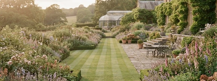 A well-kept garden in Tonbridge with herbaceous borders and a freshly mown striped lawn, maintained by a local gardener