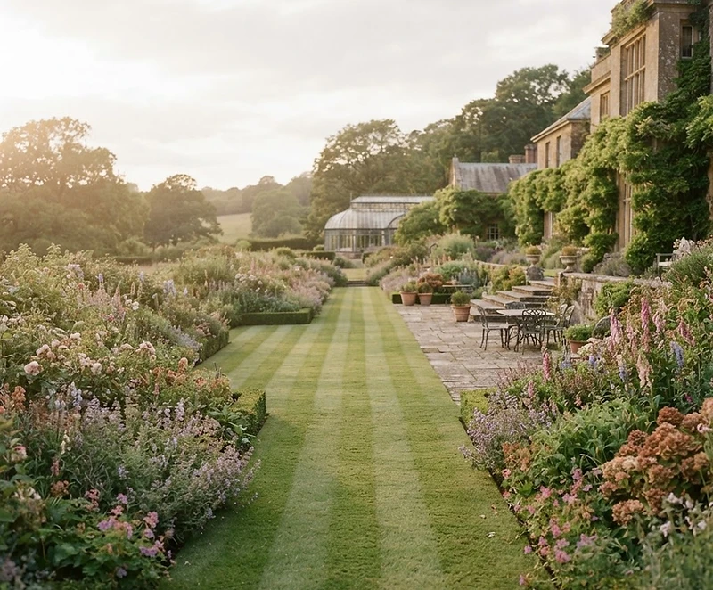 A well-kept West Kent garden with herbaceous borders and a freshly mown striped lawn, cared for by Garden Care Plus