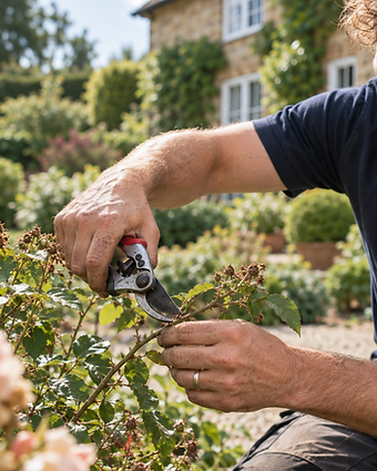 Alex pruning a rose bush with secateurs in an established garden