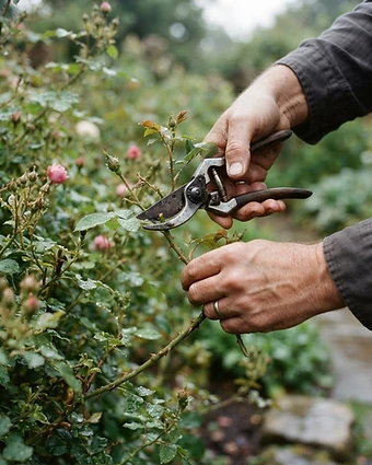 A gardener's hands pruning a heritage rose with steel secateurs