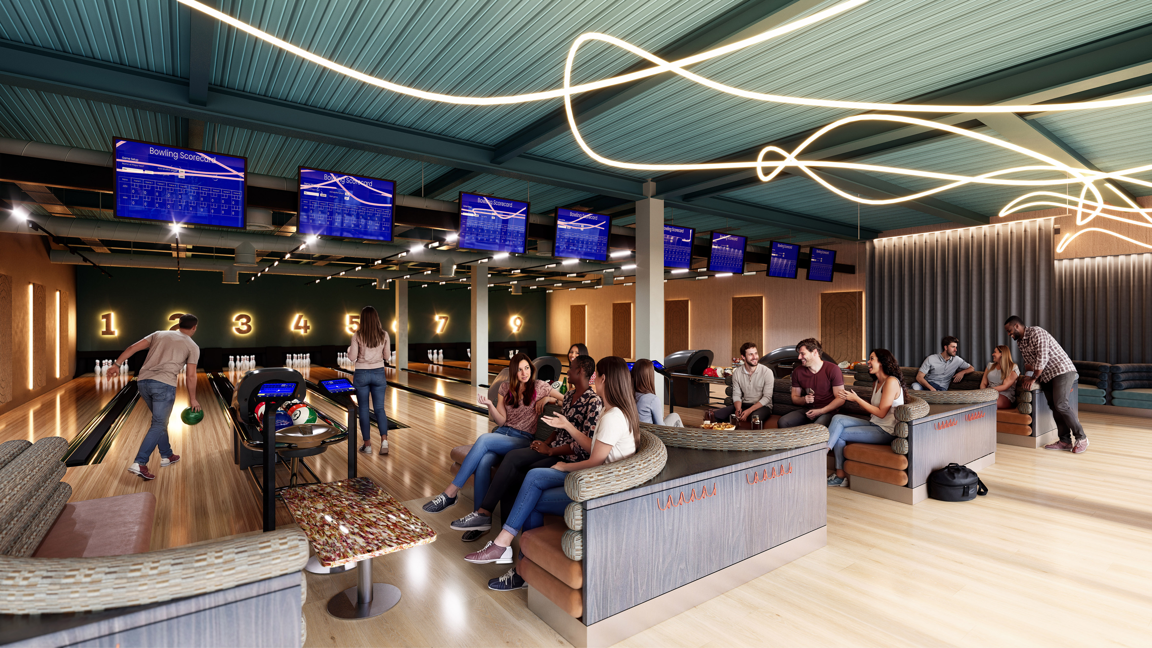 friends bowling at the loop lanes