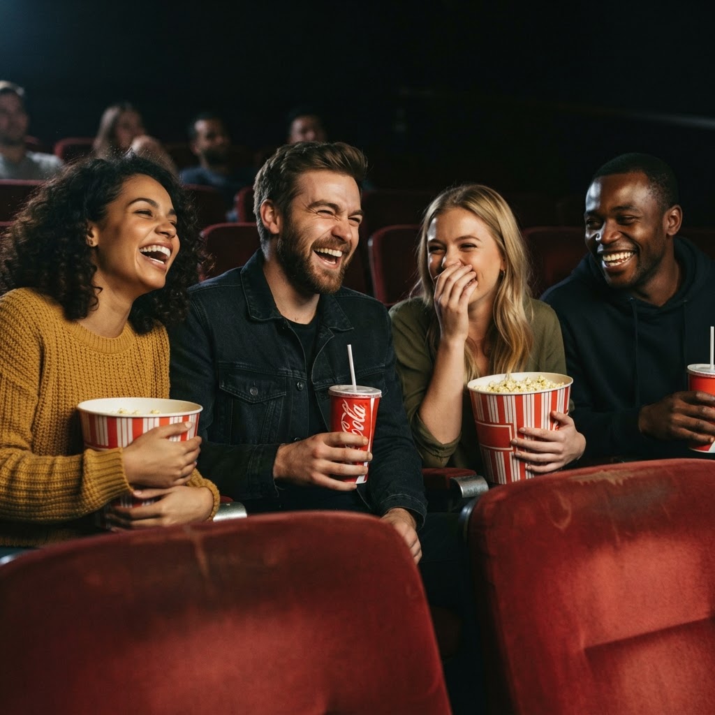 friends laughing with popcorn and drinks in cinema seats