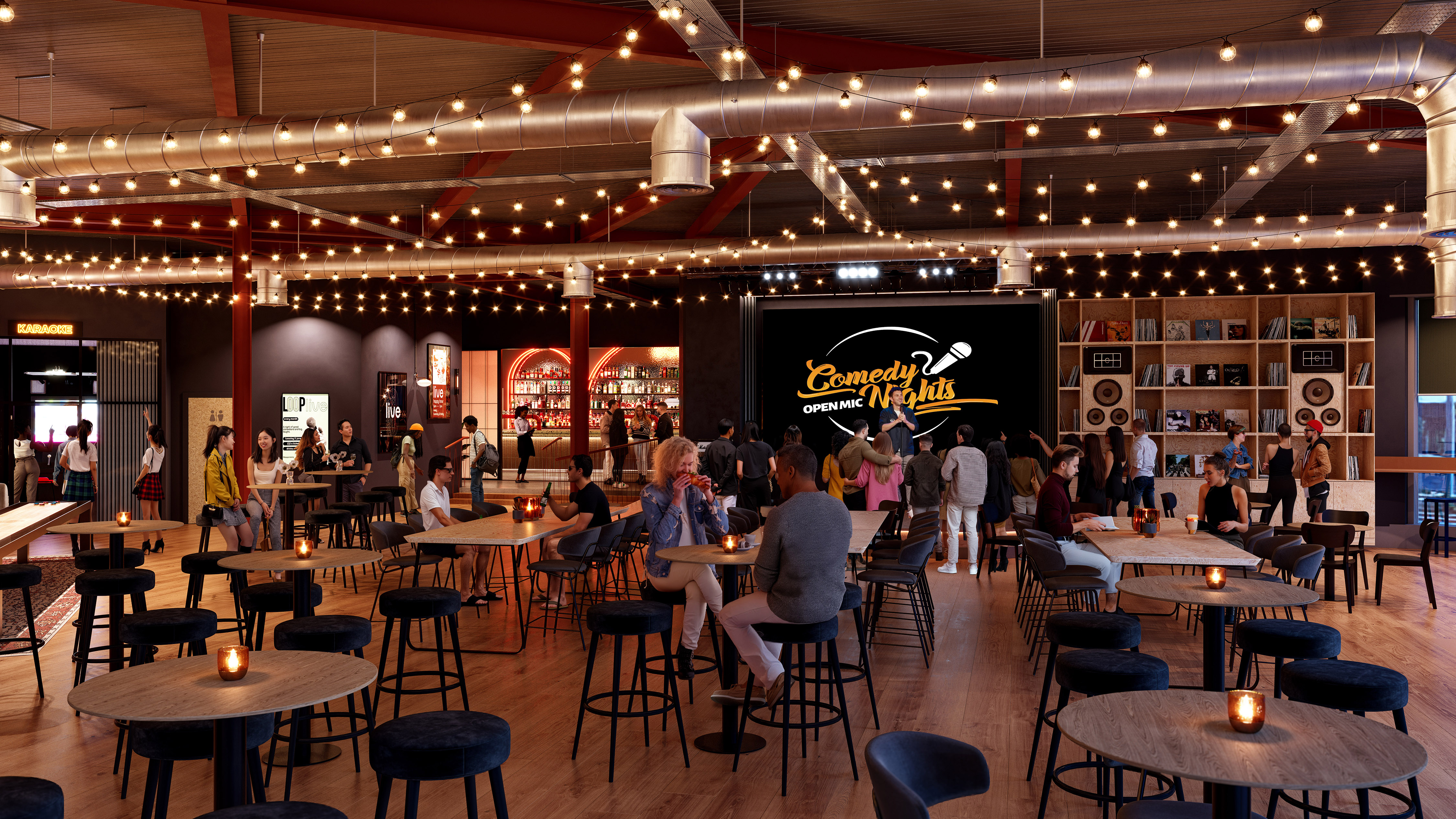 a live comedy night at loop with the crowd at the bar and tables