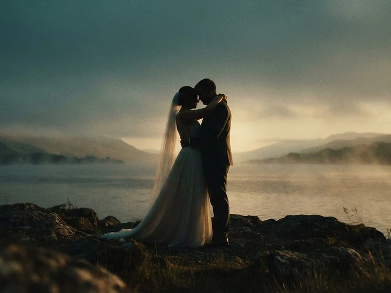 Cinematic Scottish wedding film still