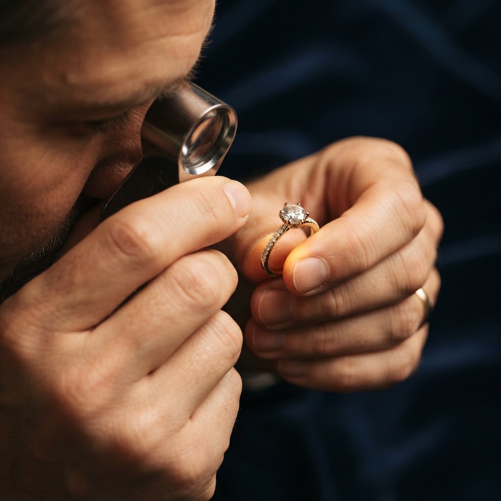 Fachmann bewertet Goldschmuck mit Lupe