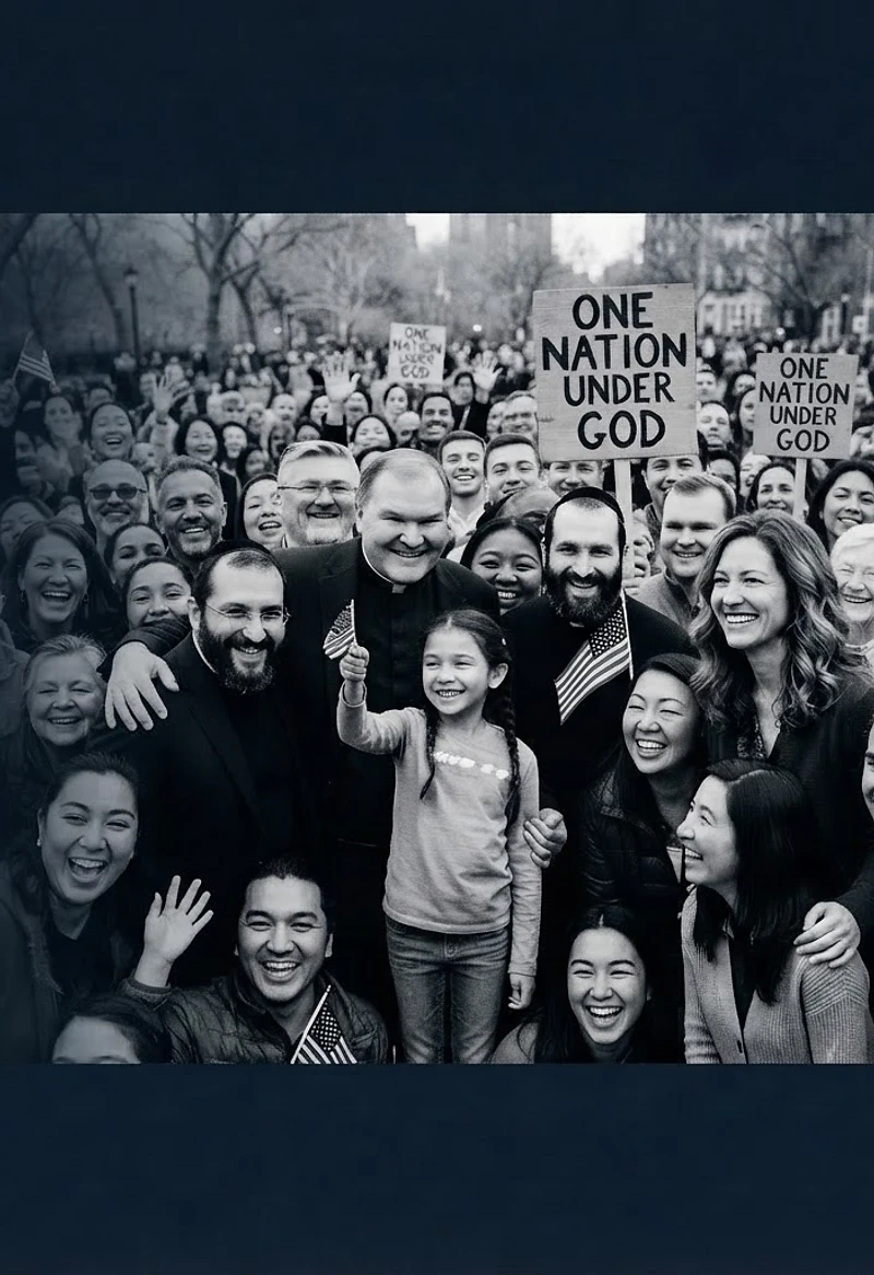 Diverse Americans holding One Nation Under God signs