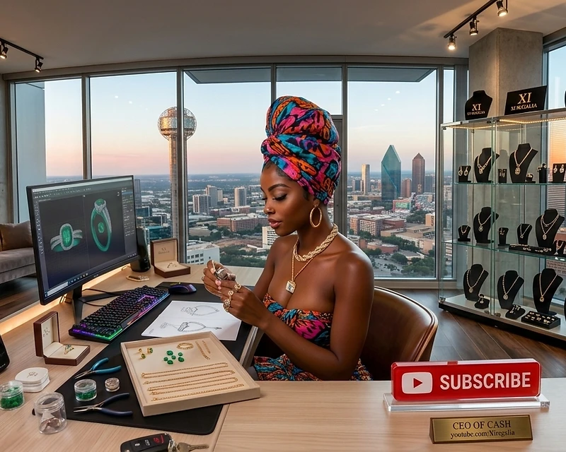 A high-end XI Regalia office suite at sunset with jewelry design displays, a CEO OF CASH nameplate, and a city skyline
