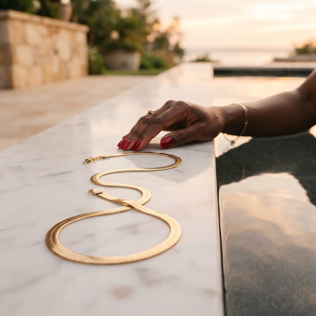 Gold herringbone chain on marble at golden hour