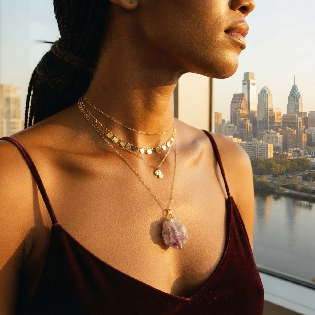 A crystal pendant on a gold chain on a Black woman's collarbone, city skyline and water behind