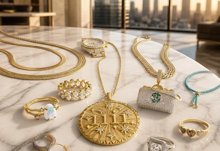 Gold jewelry arranged like artifacts in a private archive