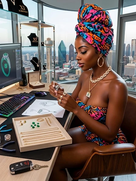 A woman designing gold jewelry at her desk overlooking the Dallas skyline
