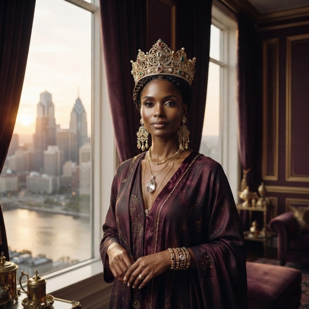 A regal Black woman in gold jewelry before a high-rise Philadelphia skyline and river