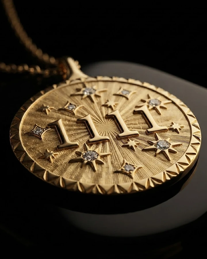 Gold 11:11 medallion pendant necklace resting on a polished black obsidian surface