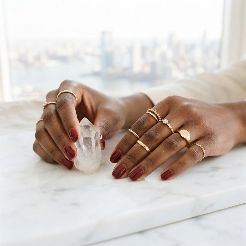 A Black woman's hands with red nails holding a raw crystal on marble, city skyline and water through the window
