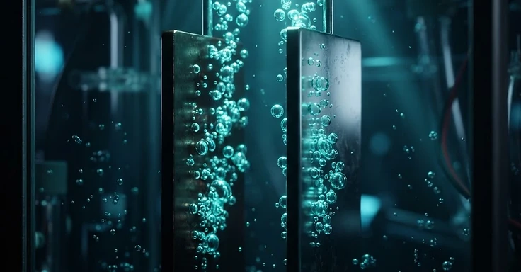 Macro-opname van elektrolyse met waterstofbelletjes op gepolijste platen