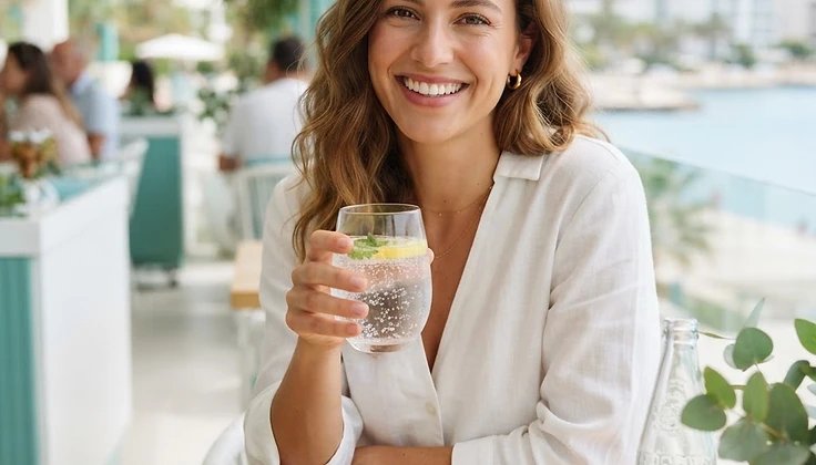 Vrouw met een glas bruisend waterstofwater