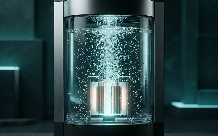 Futuristisch beeld van IONIA-waterionisatietechnologie met waterstofbelletjes en elektrolyseplaten