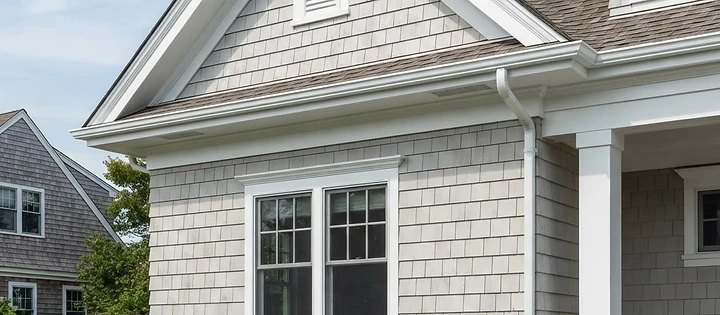 Exterior carpentry details on a residence with grey shingles and white trim in Deal, NJ.