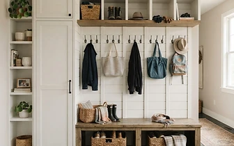 Custom carpentry mudroom storage with built-in bench and white wood paneling in Colts Neck, NJ.