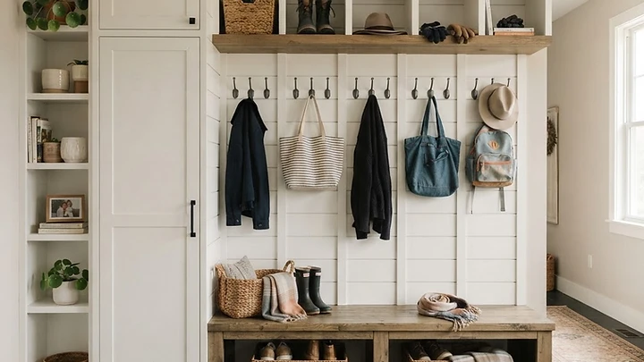 Custom carpentry mudroom storage with built-in bench and white wood paneling in Colts Neck, NJ.