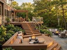 Multi-level wooden deck featuring built-in seating and fire pit for Decks & Outdoor Carpentry in Holmdel, NJ
