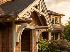 Detailed wood bracket exterior carpentry on a custom home gable in Holmdel, NJ at sunset.