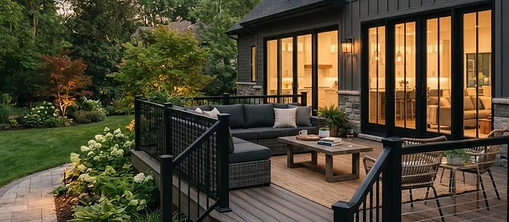 Custom deck with black railing and outdoor lounge seating for Decks & Outdoor Carpentry in Colts Neck, NJ