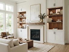 Custom built-in shelving and fireplace mantle featuring quality Residential Carpentry in a Holmdel, NJ residence.