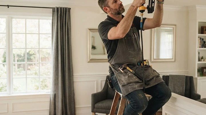 Contractor performing professional Residential Carpentry on crown molding in a bright home in Deal, NJ.