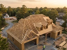 Aerial view of a home under construction featuring complex wooden roof trusses for residential framing in Rumson, NJ.