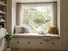Window bench seat with drawer storage created through custom carpentry in a Belmar, NJ house.