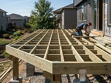 Construction worker framing a wooden deck structure for professional Decks & Outdoor Carpentry in Rumson, NJ